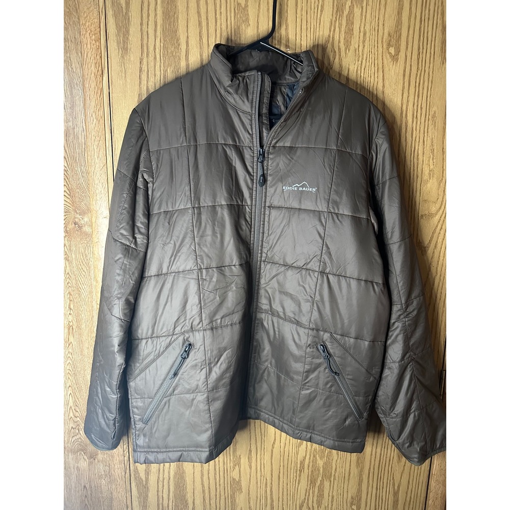 Eddie Bauer Mens Brown Quilted Puffer Jacket Full Zip Mock Neck Coat Large